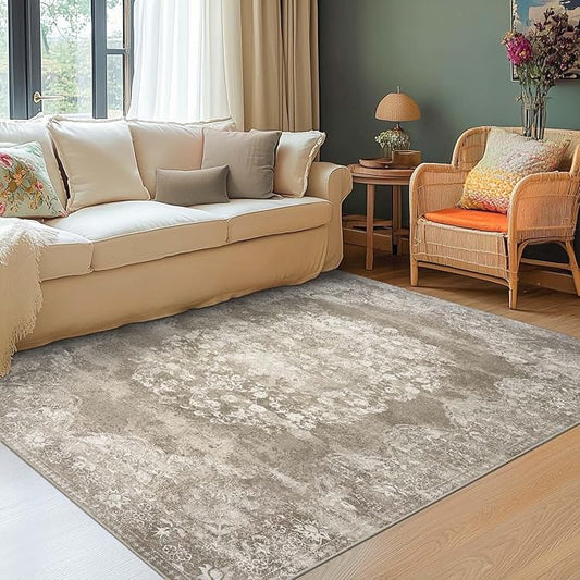 jinchan Vintage Floral 4x6 Area Rugs - Machine Washable Distressed Design Soft Ultra-Thin Low-Pile Non-Slip Carpet for Entryway Kitchen Bedroom Nursery Living Room Dining Room (4x6ft,Brown)-CubbioJoy