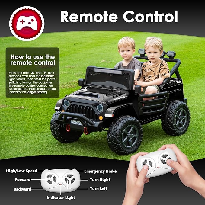 24V 2 Seater Ride On Truck with Remote Control 4WD Electric Car for Kids Ride On Car Battery Powered Ride On Toy Car with Music Player, LED Lights, Bluetooth, Rear Shock Absorber, Black-CubbioJoy