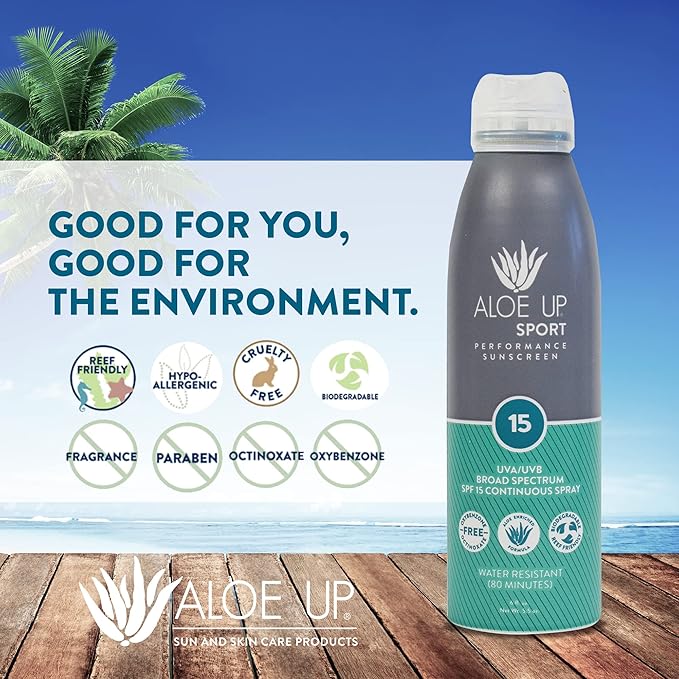 Aloe Up Sport Continuous Spray Sunscreen SPF 15 - Broad Spectrum UVA/UVB Sunscreen Protector for Face and Body - With Aloe Vera Gel - Fast Absorbing Sheer Formula - Reef Safe - Fragrance-Free - 6 Oz-CubbioJoy