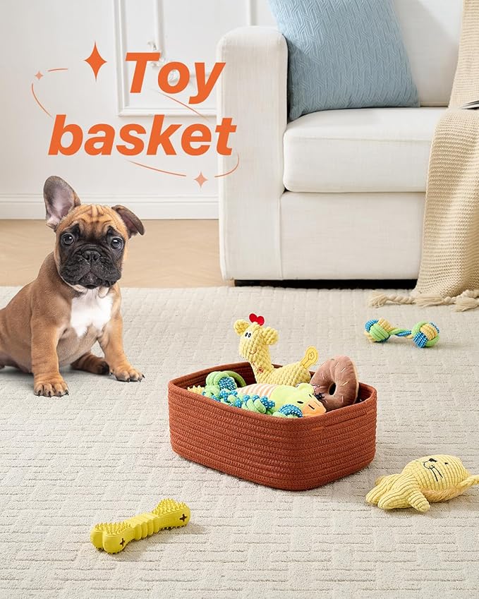 KALLAX Small Woven Basket, 12 x 8 x 4.5 Inches, Storage Basket for Organizing, Cute Small Rope Shelf Closet Cube Storage Bins Baskets for Shelves, Dog Toy Gift Baskets Empty, 3 Pack Rust Red-CubbioJoy