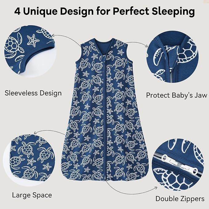 Baby Sleep Sack 6-12 Months 0.5 Tog Wearable Blanket Baby, 3 Pack 100% Cotton Lightweight Sleeping Sack with 2-Way Zipper for Newborn Infant Shark-CubbioJoy