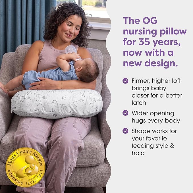 Boppy Nursing Pillow - Ergonomic Bottle & Breastfeeding Pillow with High, Firm, Large Area, Water-Repellent Cushion with Washable Cover; Baby Safety Alliance Verified - Gray Gentle Leaves-CubbioJoy