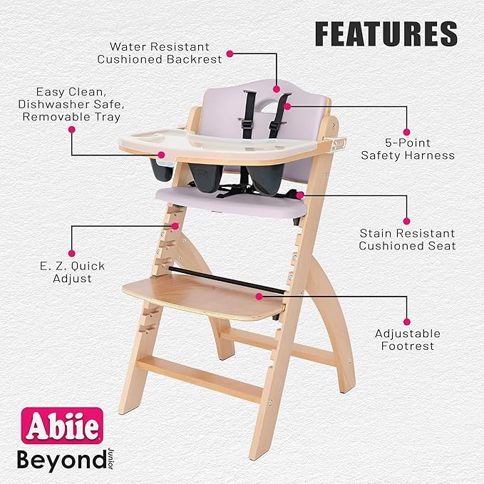 Abiie Beyond Junior Wooden High Chair with Tray - Adjustable and Convertible High Chair for Babies and Toddlers - 6 Months to 250 Lb - Water Resistant - Natural Wood with Lilac Cushion-CubbioJoy