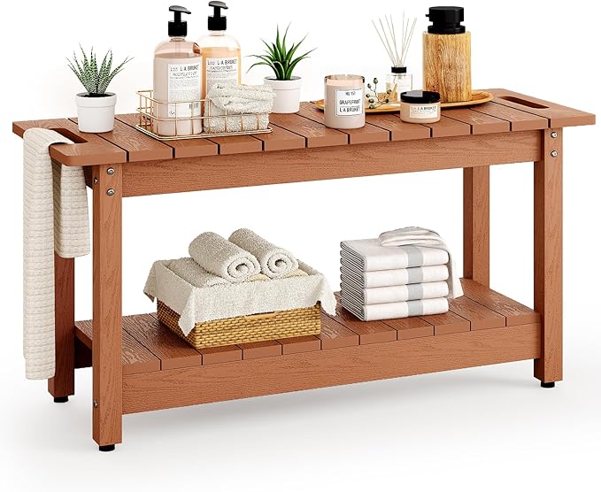 35" Shower Bench, Waterproof Poly Lumber Shower Stool for Shaving Legs, Shower Chair Seat Holds up to 400lbs, Bathroom Bench for Inside Shower, Non-Slip (Brown)-CubbioJoy