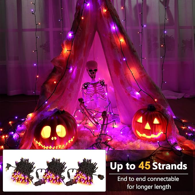 Brizled Orange & Purple Halloween Lights, 33ft 100 LED Halloween Lights 5mm Wide Angle String Light, 120V UL Certified Connectable Mini Purple Light Outdoor for Party Home Tree Decoration, Black Wire-CubbioJoy