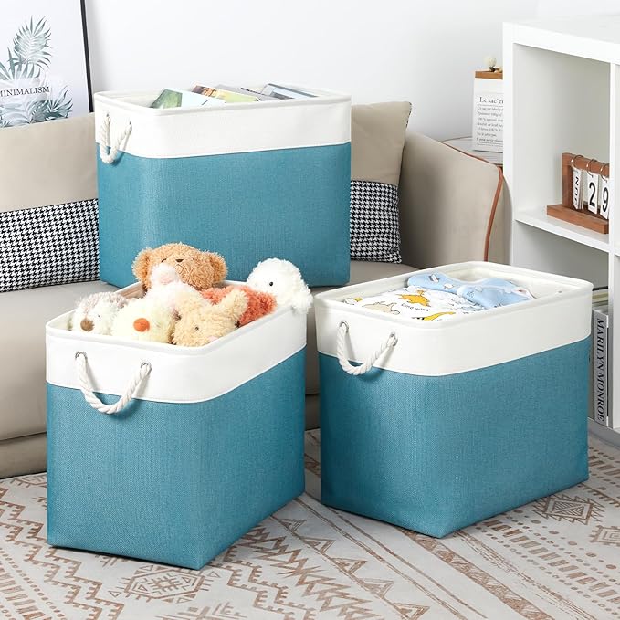 Bidtakay Extra Large Storage Baskets for Shelves 3 Pack Fabric Storage Bins for Organizing Linen Collapsible Organizer for Closet-White&Teal-CubbioJoy