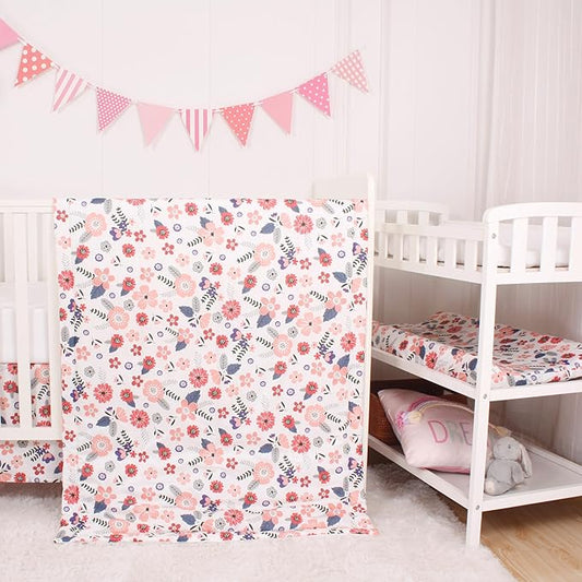 CaSaJa 4-Piece Crib Bedding Set for Boys and Girls, Nursery Baby Bedding Set Including Quilted Comforter with Fitted Crib Sheet and Changing Pad Covers, Reversible Quilt Design, Petals Flying-CubbioJoy