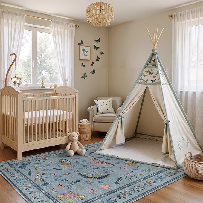 6x9 Rugs for Living Room with Insect Print - Bug Rug Non-Silp Stain Resistant Soft Carpet for Bedroom, Low Pile Ultra-Thin Machine Washable Carpet for Dining Room, Kids Nursery, Office (6'x6' Blue)-CubbioJoy