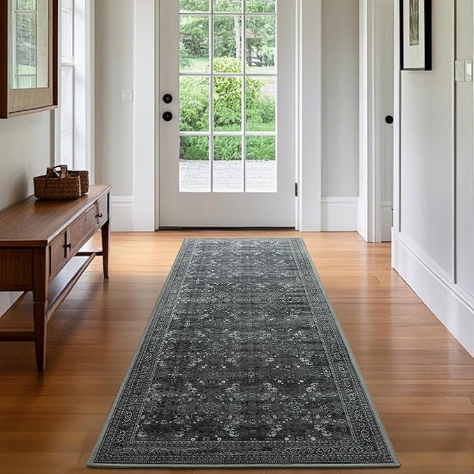2x6 Washable Kitchen Runner Rug for Hallways, Non Slip Laundry Runners for Bathroom, Low Pile Rubber Backed Rugs for Entryway, Vintage Floral Carpet for Living Room Bedroom Black/Gray-CubbioJoy