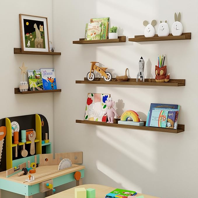 Axeman Picture Ledge Shelf, Floating Shelves for Wall Decor Storage Set of 6, 48 inch Floating Wall Mounted Shelves, Wall Shelves with Lip for Living Room, Bedroom, Nursery, Bathroom, Kitchen, Walnut-CubbioJoy