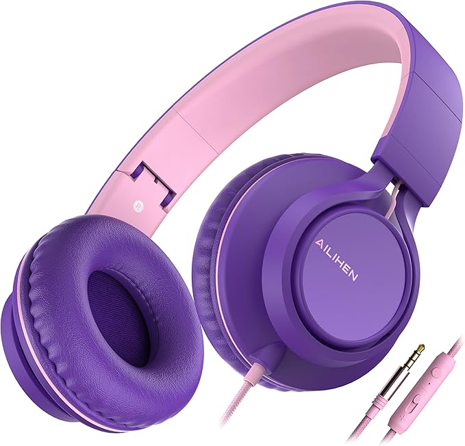 AILIHEN C8 Girls Headphones, On-Ear Headphones Wired with Microphone and Volume Control Foldable Corded Stereo 3.5mm Headset for Girls School Chromebook Laptop Computer PC Tablets Travel (Purple Pink)-CubbioJoy
