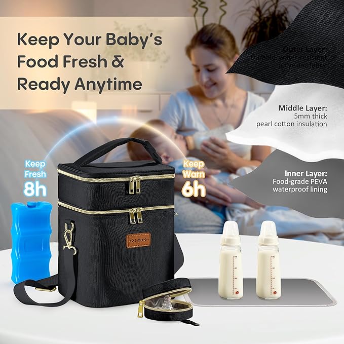 Breastmilk Cooler Bag with Ice Pack & Pacifier Case, Large Double Layer Insulated Baby Bottle Cooler Fits 6 Bottles, Breast Pump Storage Bag for Working Nursing Moms, with Gift Box-CubbioJoy