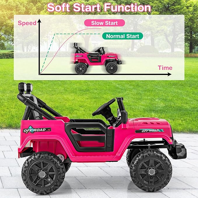 Costzon 12V Kids Ride on Truck Car, Electric Vehicle w/Remote Control, Threaded Wheels, 3 Speeds, LED Lights, Music, Horn & Wireless Connection, Battery Powered Ride on Toy for Boys & Girls 3+ (Pink)-CubbioJoy