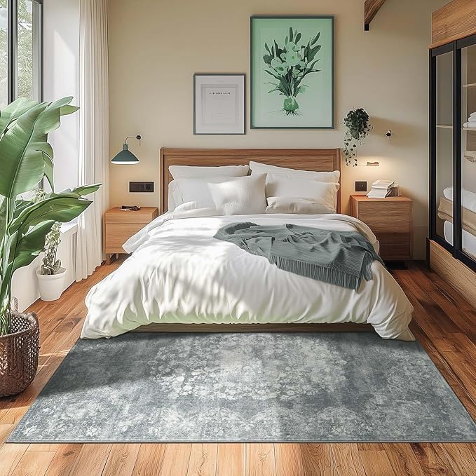 jinchan Vintage Floral 4x6 Area Rugs - Machine Washable Distressed Design Soft Ultra-Thin Low-Pile Non-Slip Carpet for Entryway Kitchen Bedroom Nursery Living Room Dining Room (4x6ft,Grey)-CubbioJoy