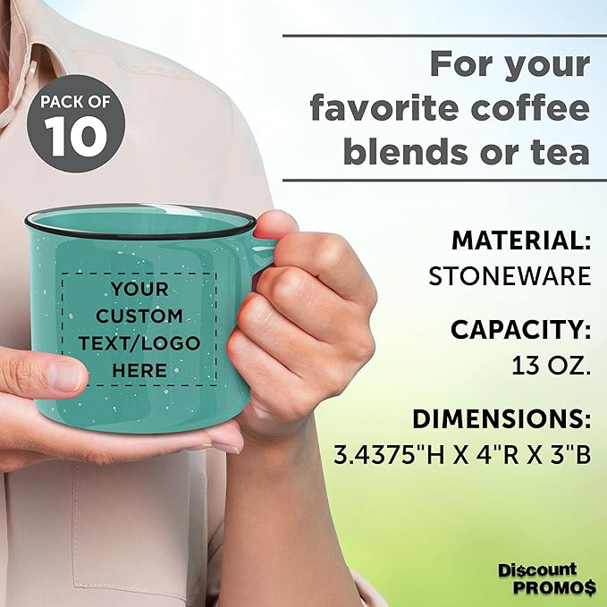 DISCOUNT PROMOS Custom Ceramic Campfire Coffee Mugs 13 oz. Set of 10, Personalized Bulk Pack - Perfect for Tea, Espresso, Cappuccino, Hot Cocoa - Mint-CubbioJoy