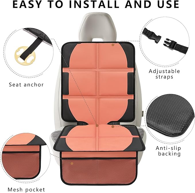 Car Seat Protector for Child, 2 Pack Covers with Mesh Pockets & Non-Slip Backing, 600D Durable Under Seat for Back (Orange, Large)-CubbioJoy