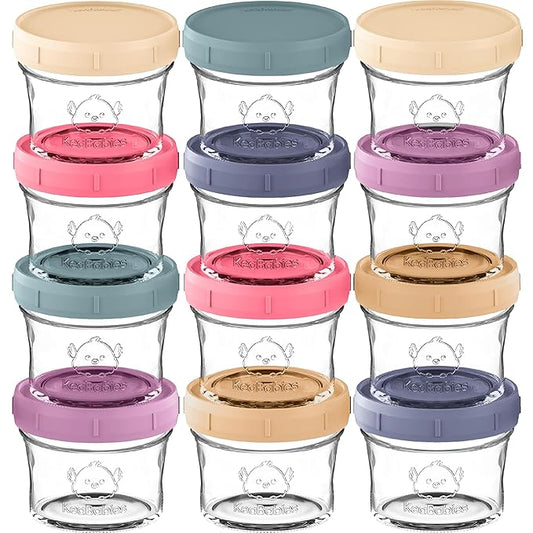 KeaBabies 12pk 4oz Glass Baby Food Containers with Lids - Leak-Proof, Microwavable Small Glass Jars, Baby Purees & Toddler Snack Storage Containers, BPA-Free, Dishwasher & Freezer Safe (Sunset)-CubbioJoy