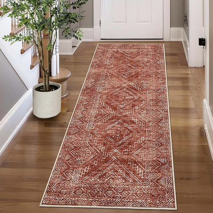 COZYLOOM 2x6 Rug Modern Indoor Area Rug Machine-Washable for Living Room or Hallway Softness Foldable Mat for Easy Storage Geometric Design Non Slip Rug Low Pile Stain Resistant Carpet, Brick Red-CubbioJoy