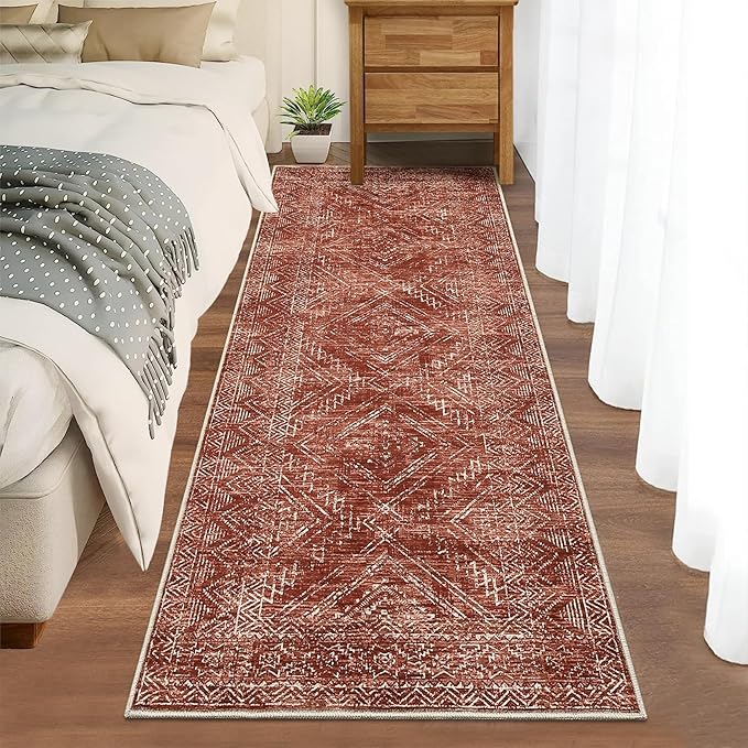 COZYLOOM 2x8 Rug Modern Indoor Area Rug Machine-Washable for Living Room or Bedroom Softness Foldable Carpet for Easy Storage Geometric Design Non Slip Rug Stain Resistant Carpet, Brick Red-CubbioJoy