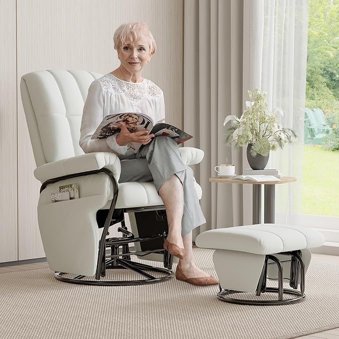 JIASTING 360° Swivel Leather Recliner Chair with Ottoman & Double Side Pockets, Nursing Glider Rocking Recliner Chair, Gliding Chairs for Nursery, Living Room, Office, Bedroom, Metal Frame (White)-CubbioJoy