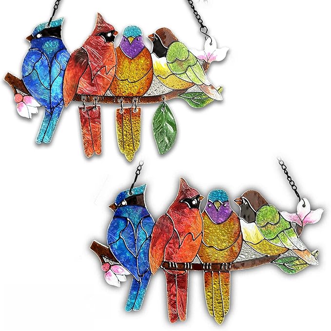 2 Pack Stained Glass Window Hanging - Hummingbird Decorations Suncatcher Hand-Painted Double Sided Birds on A Branch Sun Catcher for Window Home Decor Gifts for Mom,Bird Lovers-CubbioJoy