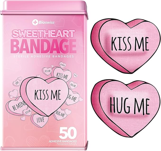 BioSwiss Bandages, Valentine Heart Shaped Self Adhesive Bandage, Latex Free Sterile Wound Care, Fun First Aid Kit Supplies for Kids, 50 Count-CubbioJoy
