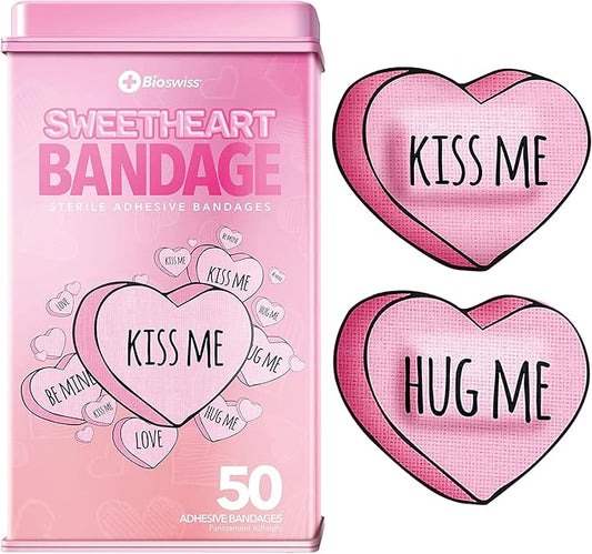 BioSwiss Bandages, Valentine Heart Shaped Self Adhesive Bandage, Latex Free Sterile Wound Care, Fun First Aid Kit Supplies for Kids, 50 Count-CubbioJoy