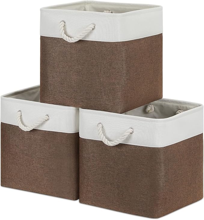 Bidtakay Collapsible Rustic Cube Storage - Brown Cloth Baskets with Handles, 13x13x13 Inch, Set of 3 Fabric Storage Bins-CubbioJoy
