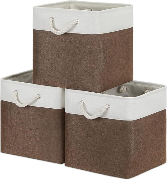 Bidtakay Collapsible Rustic Cube Storage - Brown Cloth Baskets with Handles, 13x13x13 Inch, Set of 3 Fabric Storage Bins-CubbioJoy