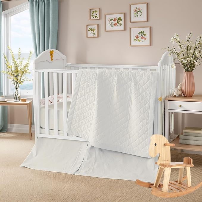 Brandream White Crib Bedding Set 3 Pieces Baby Nursery Collection - Quilt,Crib Sheet,Dust Ruffle-100% Washed Cotton Like Linen Supersoft Classic Quilted Plaid Off White Cream-CubbioJoy