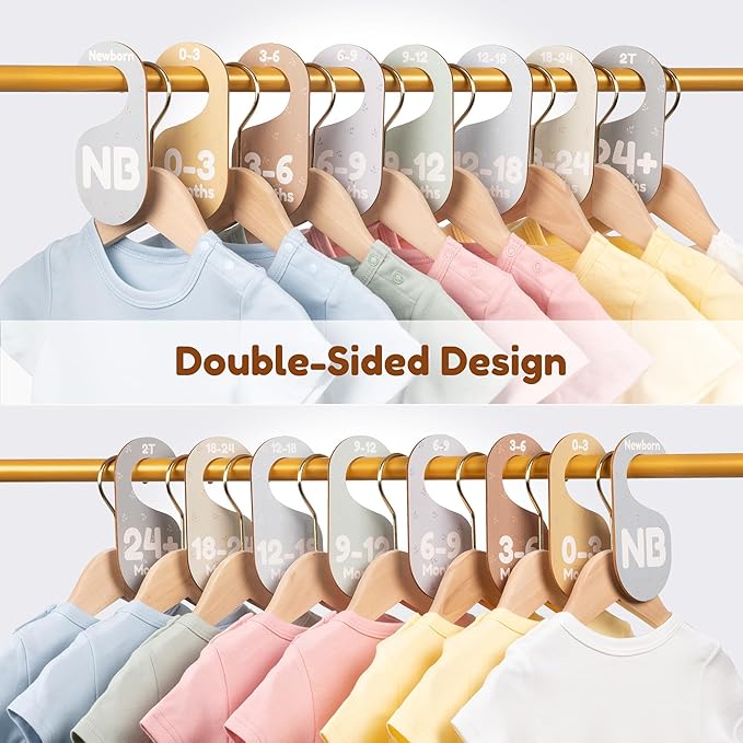 Baby Closet Dividers for Clothes Organizer - Set of 8 Adorable Wooden Double-Sided Baby Clothes Size Hanger Organizer from Newborn to 24+ Months for Nursery Beautiful Minimalist Decor-CubbioJoy