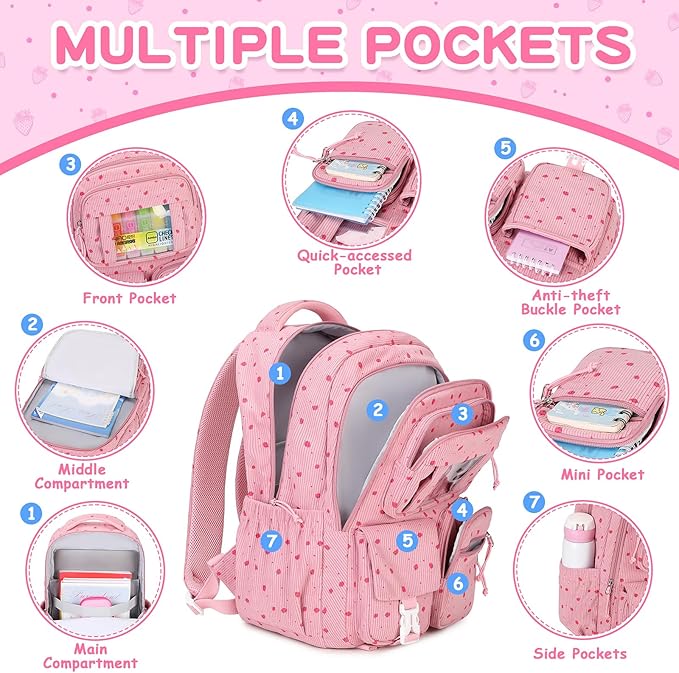 Corduroy Backpack Kids Backpack for Girls School Bags for Middle School Students Book Bag for Elementary Primary Kawaii Ita Backpack, Pink Strawberry-CubbioJoy