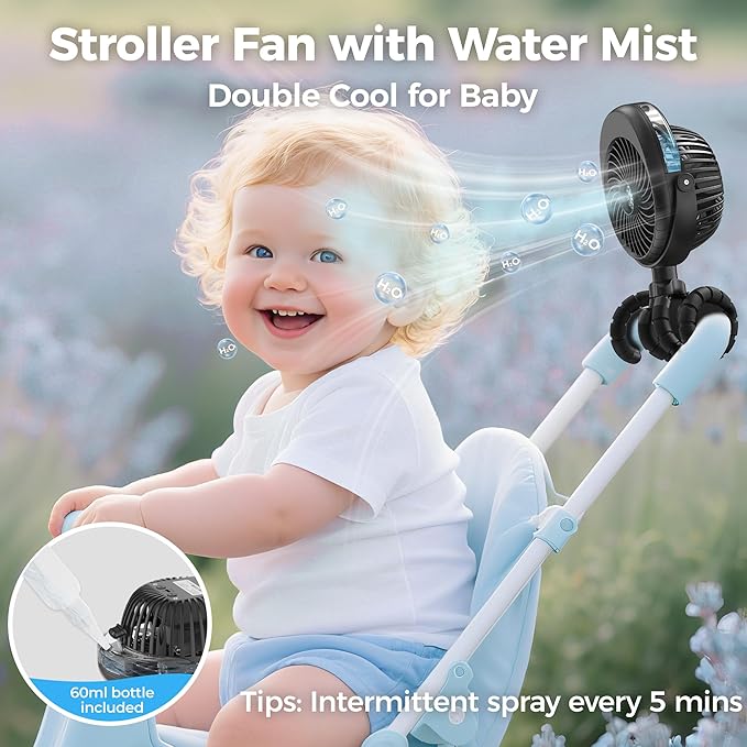 2025 Upgarded 4000mAh Misting Baby Stroller Fan, Rechargeable Battery Operated,Max 15Hrs Cooling,50ml Portable Water Sprayer Misting Fan with Flexible Tripod Clip on Car Seat Crib Treadmill Bunk Bed-CubbioJoy
