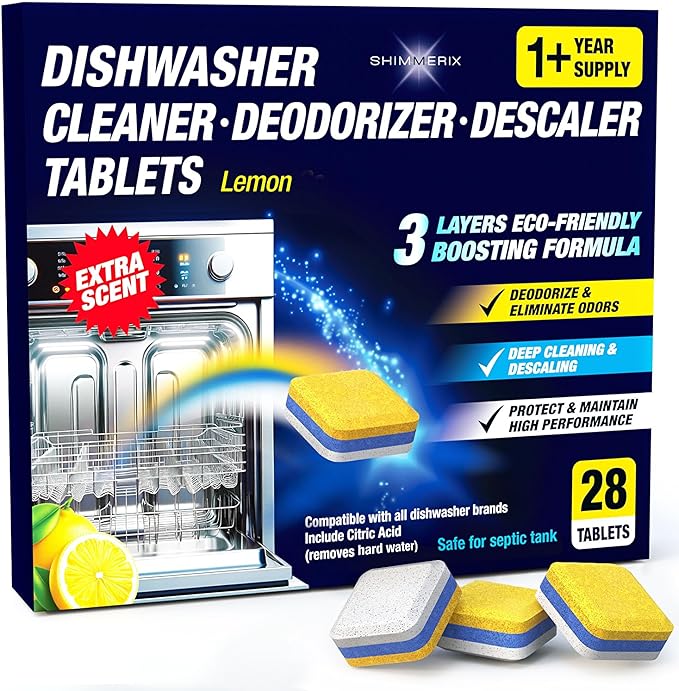 Dishwasher Cleaner Deodorizer Descaler Tablets - 28 Tabs - 1 Plus Year Supply - Extra Scented Deep Cleaning Sanitizer Pods - Remove Hard Water - Contain Citric Acid Heavy Duty Septic Safe - Lemon-CubbioJoy