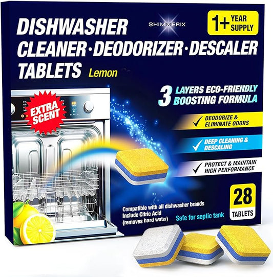 Dishwasher Cleaner Deodorizer Descaler Tablets - 28 Tabs - 1 Plus Year Supply - Extra Scented Deep Cleaning Sanitizer Pods - Remove Hard Water - Contain Citric Acid Heavy Duty Septic Safe - Lemon-CubbioJoy