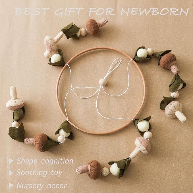 Baby Mobile for Crib,Crib Mobile for Boys Girls, Soft Crib Toys Hanging，Baby Mobile for Bassinet，Boho Nursery Decor Neutral（Mushroom，Leaves,Cotton）-CubbioJoy