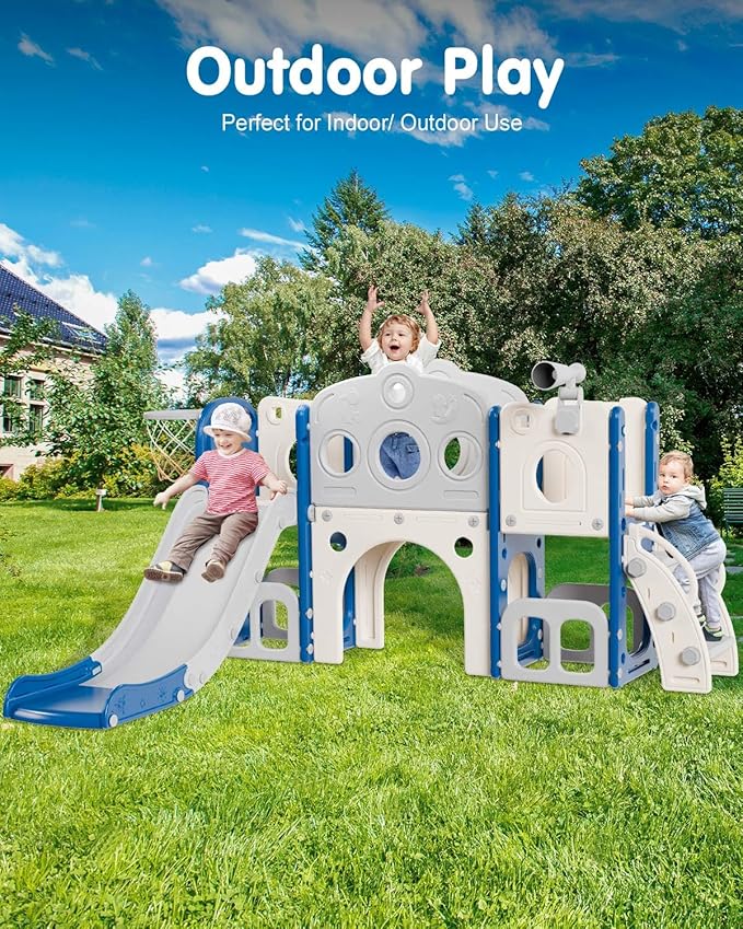 Babytronic Toddler Slide Set, 8 in 1 Kids Slide, Indoor Outdoor Slide for Toddlers Age 1-3, Toddler Playset with Basketball Hoop and Tunnel, Toddler Indoor Outdoor Playground, Blue&Grey-CubbioJoy