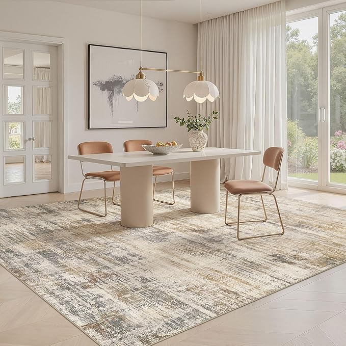 Area Rug for Living Room: 12x15 Washable Neutral Abstract Modern Soft Rugs Non Slip Indoor Floor Stain Resistant Large Carpet for Bedroom Dining Room Office Nursery - Golden Brown-CubbioJoy