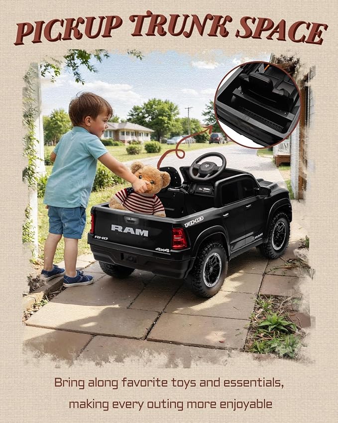 12V Licensed Ram 1500 Ride on Toy for Kids, Toddler Ride on Pickup Truck with Parent Remote Control, Electric Car for Kids with Truck Bed Storage, 3 Point Safety Belt (Black)-CubbioJoy