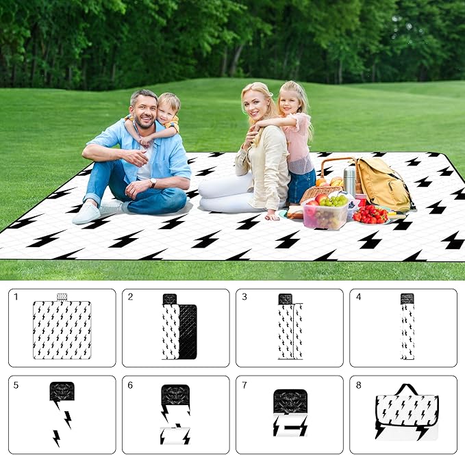 79''x79'' Extra Large Picnic Blankets, Waterproof Sandproof Foldable Outdoor Picnic Mat, Portable 3-Layer Fabric Beach Blanket for Camping, Park, Travel, Family Friends-Stylish Lightning Pattern-CubbioJoy