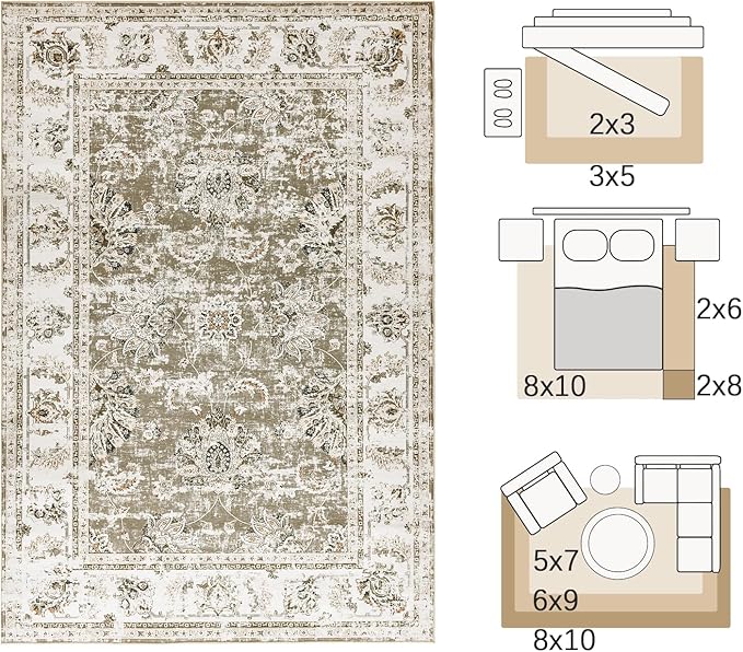 jinchan 9x12 Area Rugs for Living Room - Machine Washable Vintage Floral Distressed Design Stain Resistant Carpet Low Pile Non-Slip Large Rug for Bedroom Dining Room Home Office (9‘x12',Taupe)-CubbioJoy
