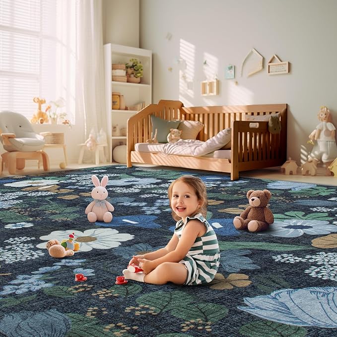 8x10 Area Rug for Living Room: Vintage Floral Washable Rug Soft Boho Non Slip Carpet Large Indoor Floor Non Shedding Low Pile Thin Carpets for Bedroom Dining Room Farmhouse Nursery Home Office Blue-CubbioJoy