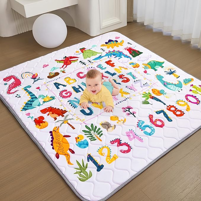 Baby Play Mat - Thicken 50x50 Inch Soft Foam Crawling Mat for Playpen & Floor, Non-Slip Waterproof Playmats for Infants & Toddlers, Portable Foldable & Machine Washable, Dinosaur & Letters-CubbioJoy