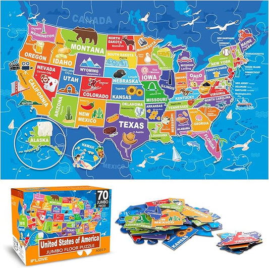 Jumbo Floor Puzzle for Kids,USA Map Puzzle Jigsaw Geography Puzzles,70 Piece US Map 50 States with Capitals,United States Puzzle for Ages 3-5,Preschool Learning Toys Gift for 4-8 Years Old-CubbioJoy