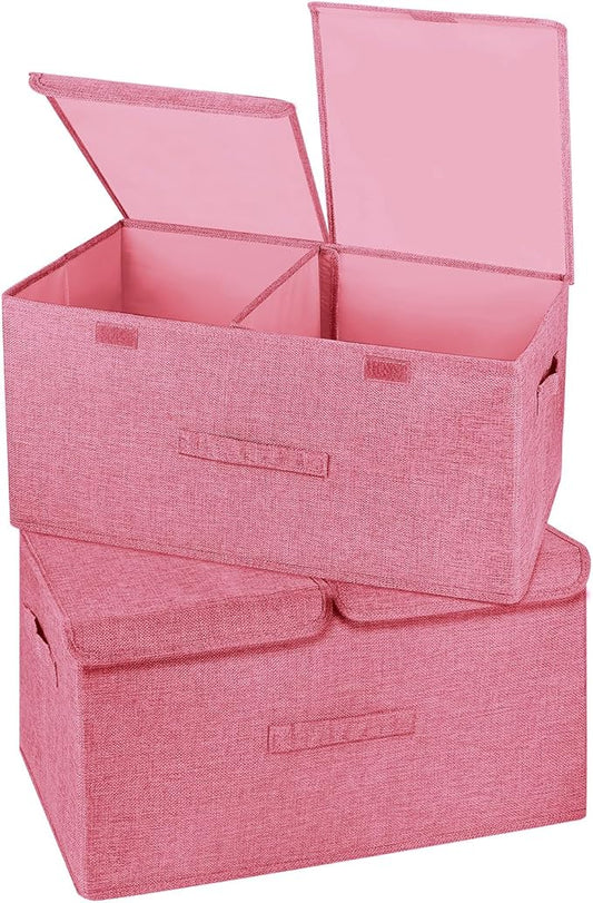 2 Pack Storage Boxes with Lids and Handles, Collapsible Linen Storage Bins Organizer Containers Baskets Cube with Removable Divider for Home Bedroom Closet Office (Pink, Large)-CubbioJoy