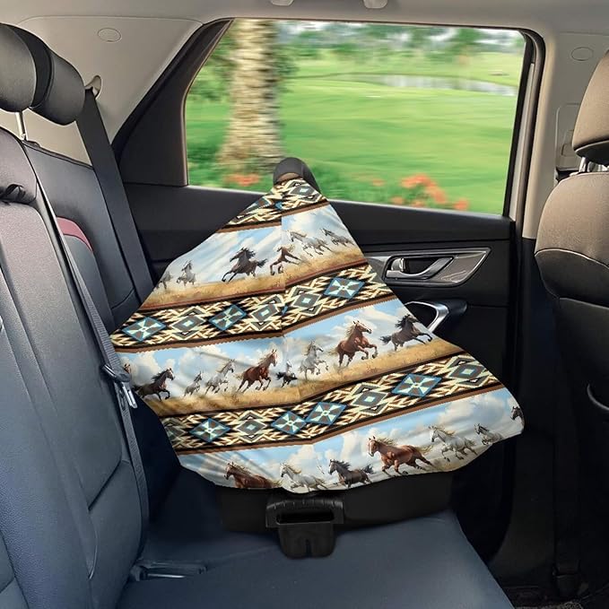Binienty Car Seat Covers Canopy Cover for Babies, Western Aztec Horse Nursing Carseat Canopy Multifunction Breastfeeding Covers Fits Stroller, High Chair, Shopping Cart-CubbioJoy