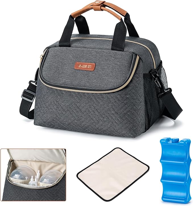 Breastmilk Cooler Bag with Ice Pack Fits 6 Baby Bottles up to 9 Ounce, Wearable Breast Pumps Cooler Bag for Nursing Mom Daycare, Work, Travel- Dark Grey-CubbioJoy