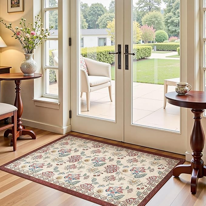 jinchan 3x5 Floral Rug for Entryway Washable Kitchen Rug Vintage Romance Design Small Mat Non Slip Indoor Doormat Lightweight Low-Profile Throw Carpet for Entrance Bathroom Laundry Room, Red/Beige-CubbioJoy