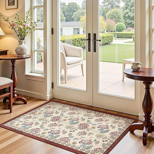 jinchan 3x5 Floral Rug for Entryway Washable Kitchen Rug Vintage Romance Design Small Mat Non Slip Indoor Doormat Lightweight Low-Profile Throw Carpet for Entrance Bathroom Laundry Room, Red/Beige-CubbioJoy