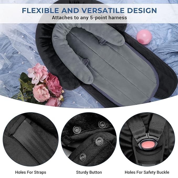 COOLBEBE New Babybody Support & Strap Covers Set for Newborn Infant Toddler- Extra Soft Stroller Cushion Pads Car Seat Insert, Perfect for Carseats, Strollers, Swings, Black-CubbioJoy
